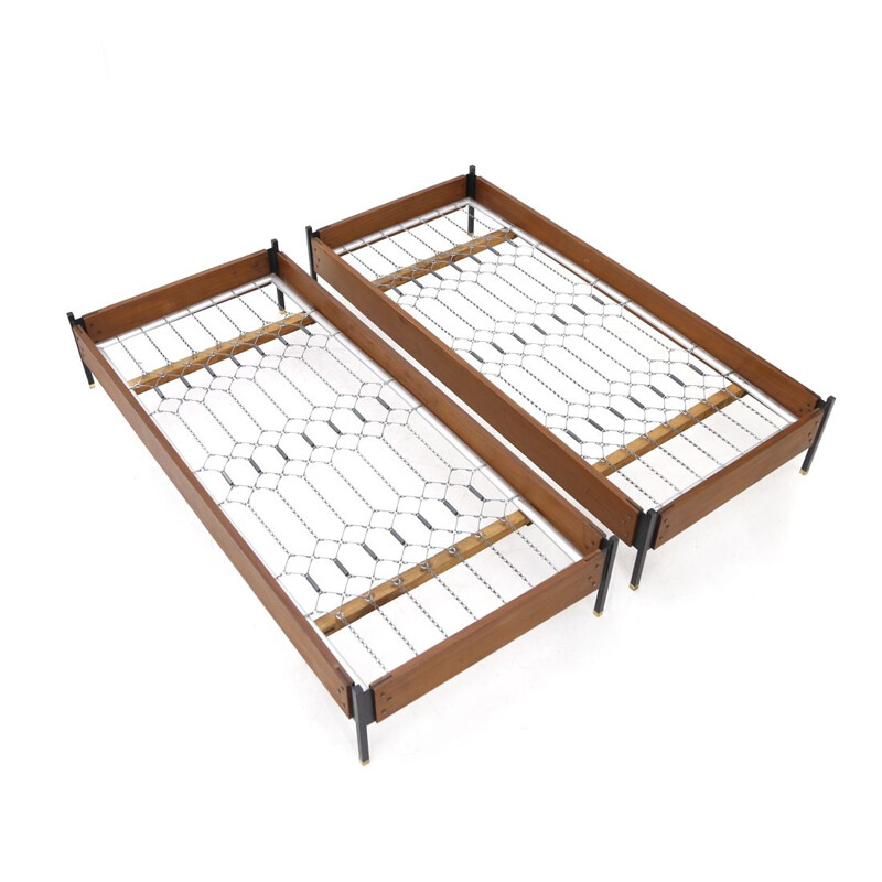 Pair of vintage teak, metal and brass beds by Giuseppe Brusadelli for GBL, 1950s