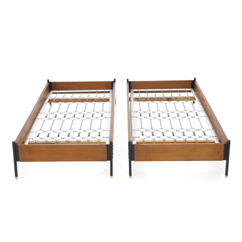 Pair of vintage teak, metal and brass beds by Giuseppe Brusadelli for GBL, 1950s