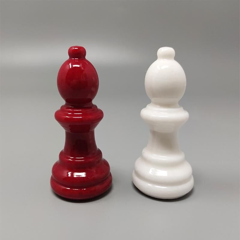 Vintage red and white chess set in Volterra alabaster handmade, Italy 1970s