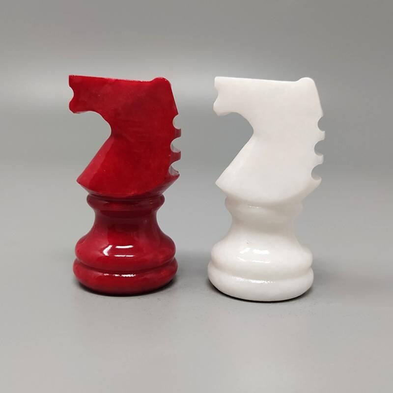 Vintage red and white chess set in Volterra alabaster handmade, Italy 1970s