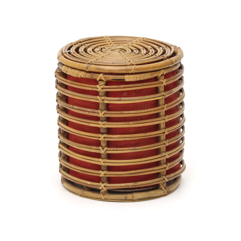 Cylindrical rattan vintage basket, 1950s