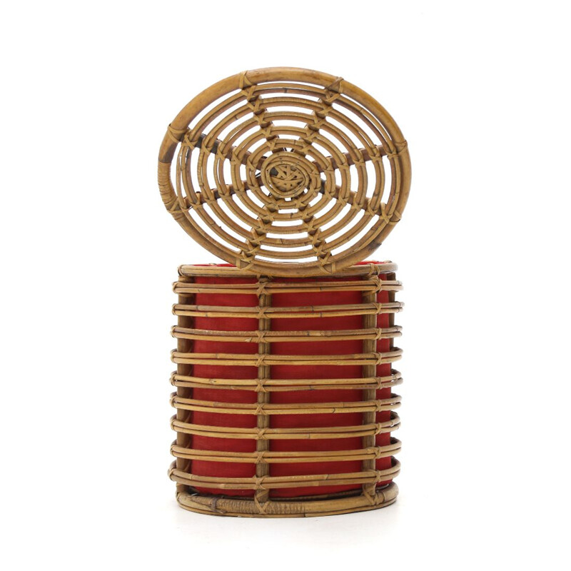 Cylindrical rattan vintage basket, 1950s