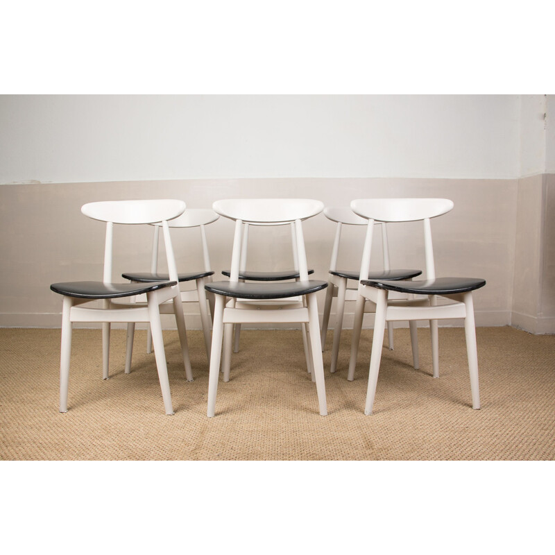 Set of 6 vintage thermoformed wood and skai chairs by Thonet, Germany 1960