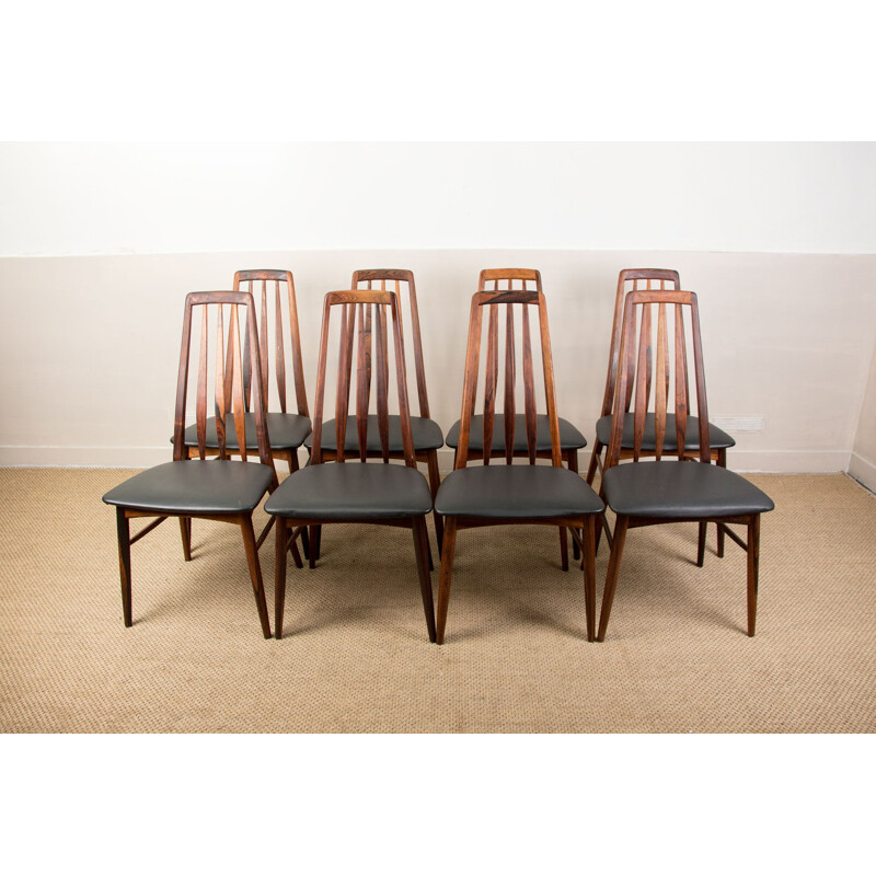 Set of 8 vintage chairs in rosewood and leather model Eva by Niels Koefoed, Denmark 1960