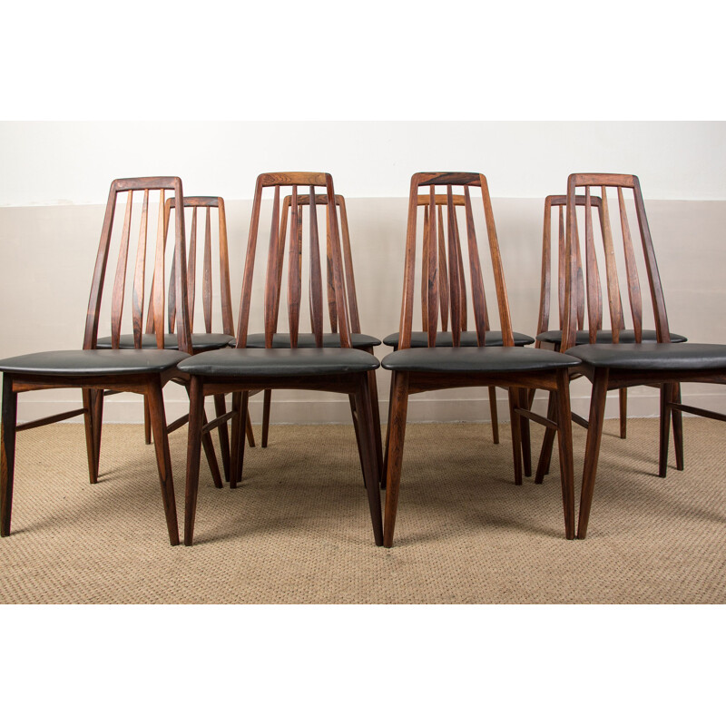 Set of 8 vintage chairs in rosewood and leather model Eva by Niels Koefoed, Denmark 1960