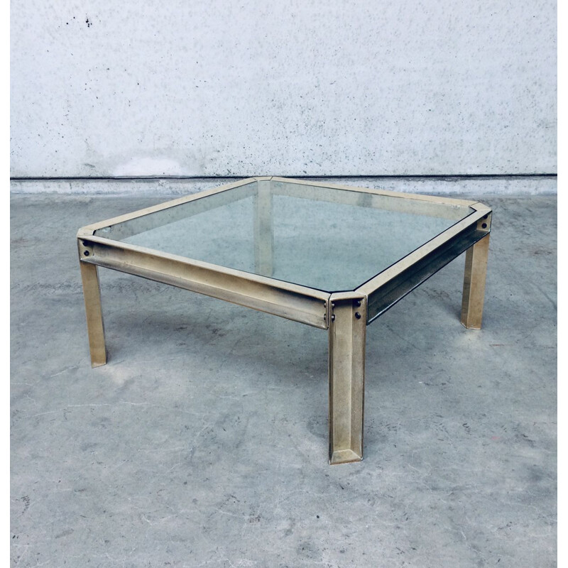 Square vintage brass and glass coffee table by Peter Ghyczy, 1970