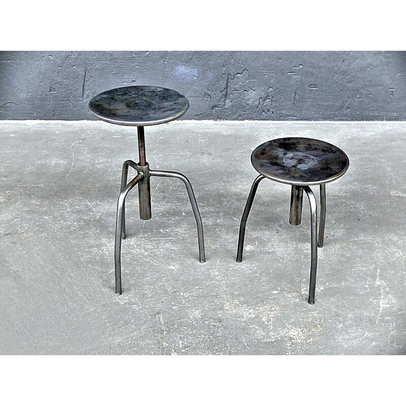 Set of 4 Polish industrial stools in metal - 1960s