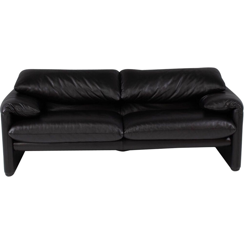 Maralunga black leather vintage sofa by Vico Magistretti for Cassina, 1973