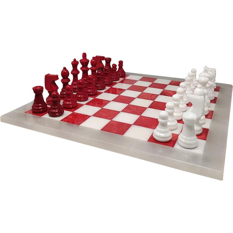 Jeu d'échecs vintage rouge et blanc en albâtre de Volterra fait à la main, Italie 1970