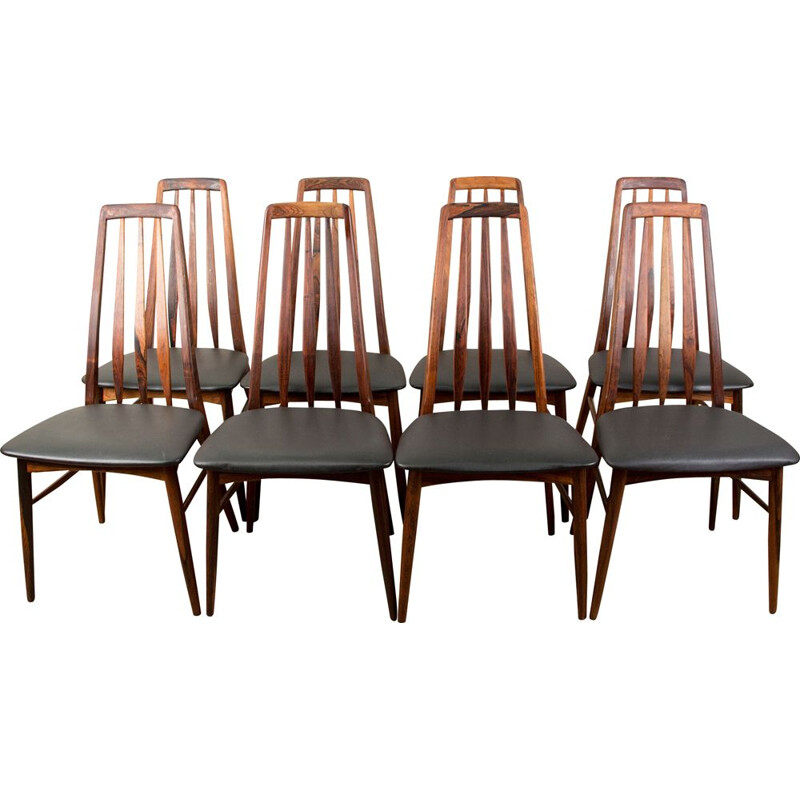 Set of 8 vintage chairs in rosewood and leather model Eva by Niels Koefoed, Denmark 1960
