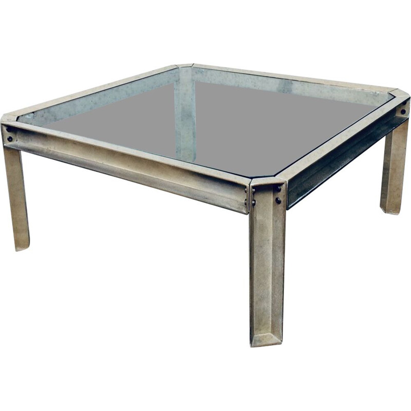 Table basse vintage carrée - laiton verre