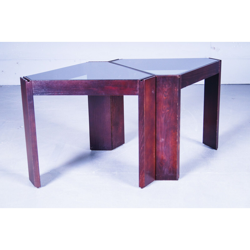Pair of vintage side tables in walnut and smoked glass by Porada Arredi, Italy 1974
