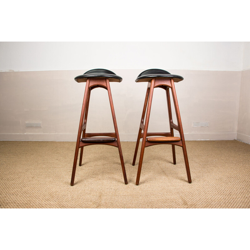 Pair of vintage teak and black skai high stools by Erik Buch for Oddense Maskinsnedkeri AS, Denmark 1964