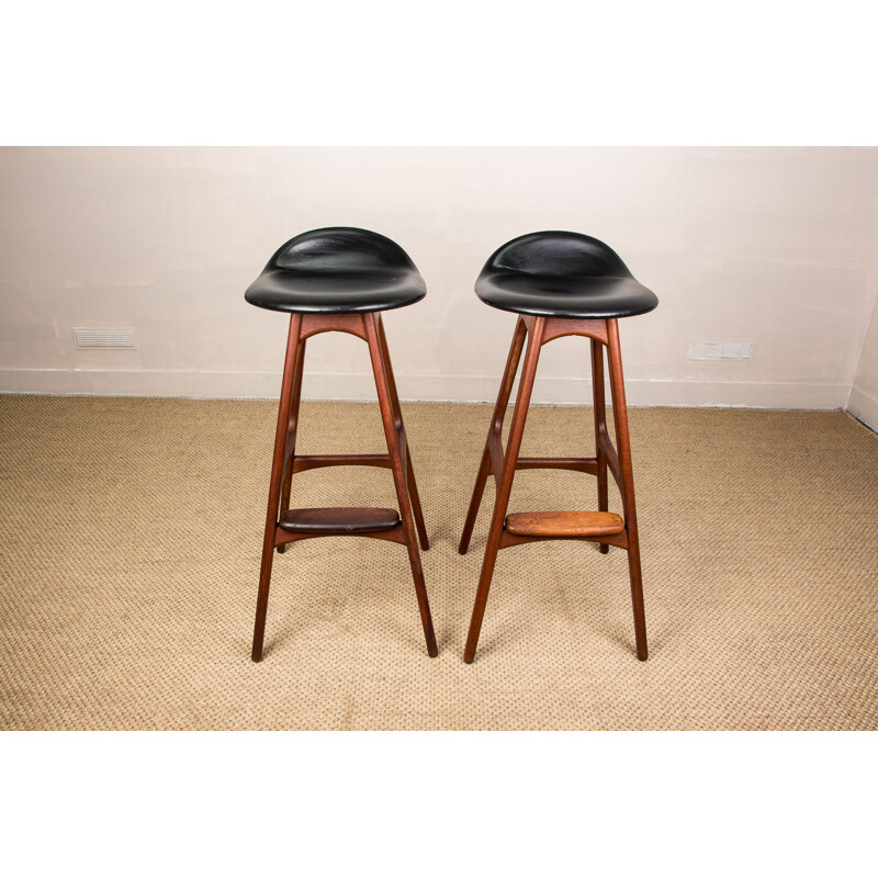 Pair of vintage teak and black skai high stools by Erik Buch for Oddense Maskinsnedkeri AS, Denmark 1964
