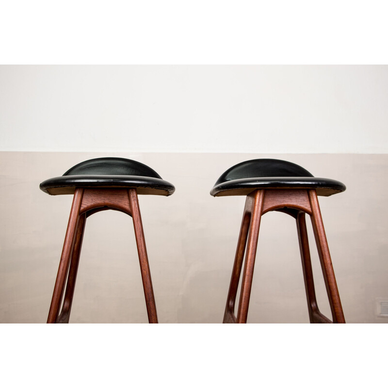 Pair of vintage teak and black skai high stools by Erik Buch for Oddense Maskinsnedkeri AS, Denmark 1964