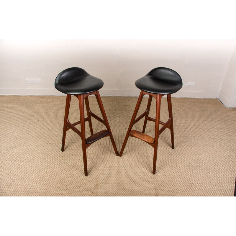 Pair of vintage teak and black skai high stools by Erik Buch for Oddense Maskinsnedkeri AS, Denmark 1964