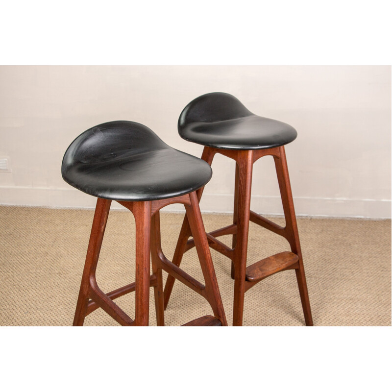 Pair of vintage teak and black skai high stools by Erik Buch for Oddense Maskinsnedkeri AS, Denmark 1964