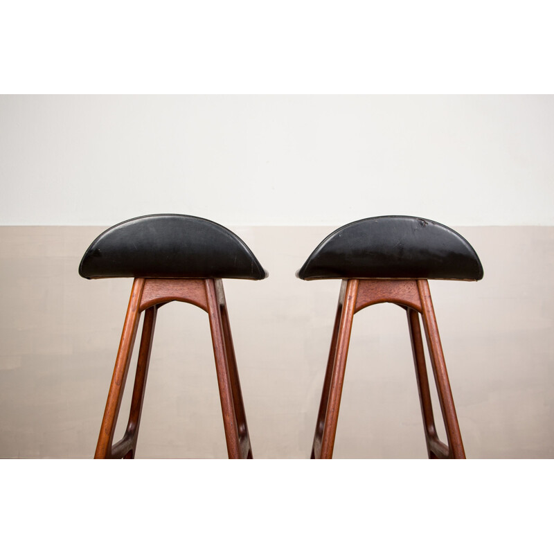 Pair of vintage teak and black skai high stools by Erik Buch for Oddense Maskinsnedkeri AS, Denmark 1964