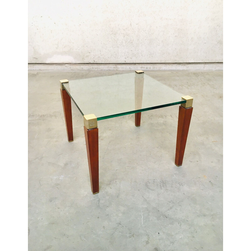 Modernist vintage brass, wood & glass side table by Peter Ghyczy, Holland 1980s