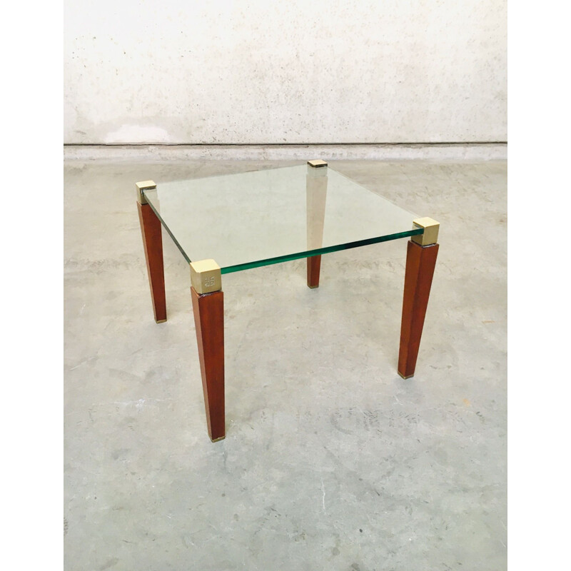 Table d'appoint moderniste vintage en laiton, bois et verre de Peter Ghyczy, Pays-Bas 1980