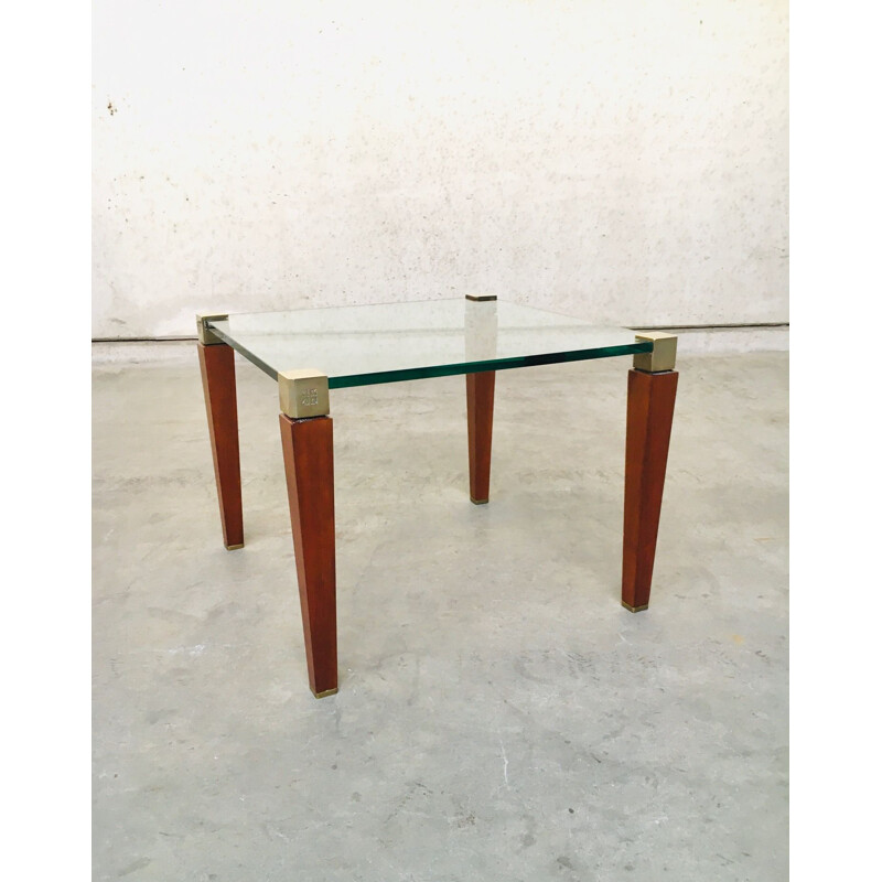 Modernist vintage brass, wood & glass side table by Peter Ghyczy, Holland 1980s