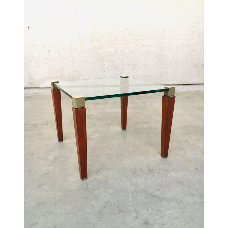 Table d'appoint moderniste vintage en laiton, bois et verre de Peter Ghyczy, Pays-Bas 1980