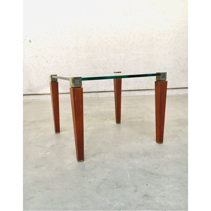 Modernist vintage brass, wood & glass side table by Peter Ghyczy, Holland 1980s