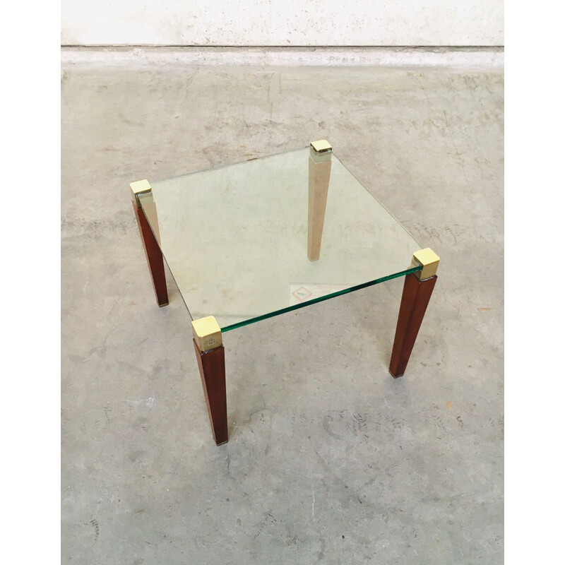 Mesa auxiliar modernista vintage de latón, madera y cristal de Peter Ghyczy, Países Bajos 1980