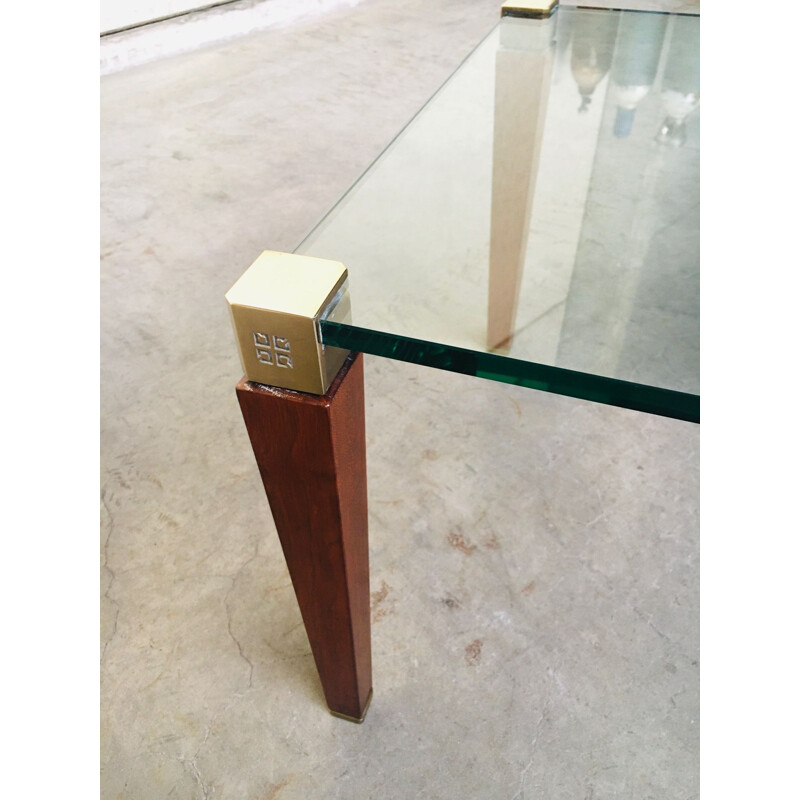 Table d'appoint moderniste vintage en laiton, bois et verre de Peter Ghyczy, Pays-Bas 1980