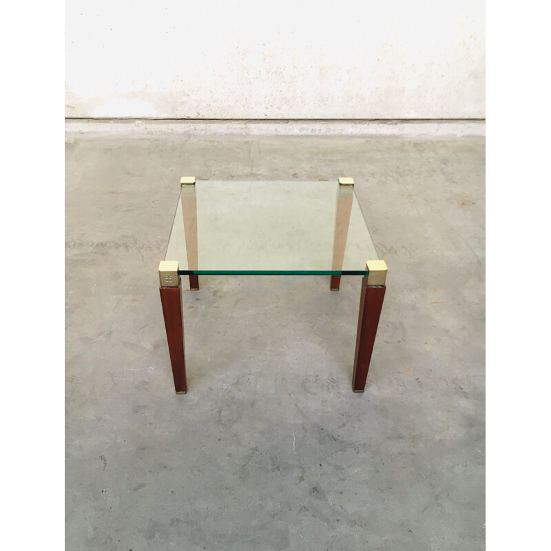 Modernist vintage brass, wood & glass side table by Peter Ghyczy, Holland 1980s