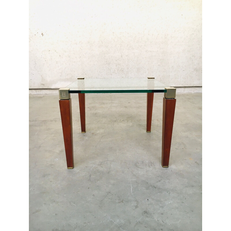 Mesa auxiliar modernista vintage de latón, madera y cristal de Peter Ghyczy, Países Bajos 1980
