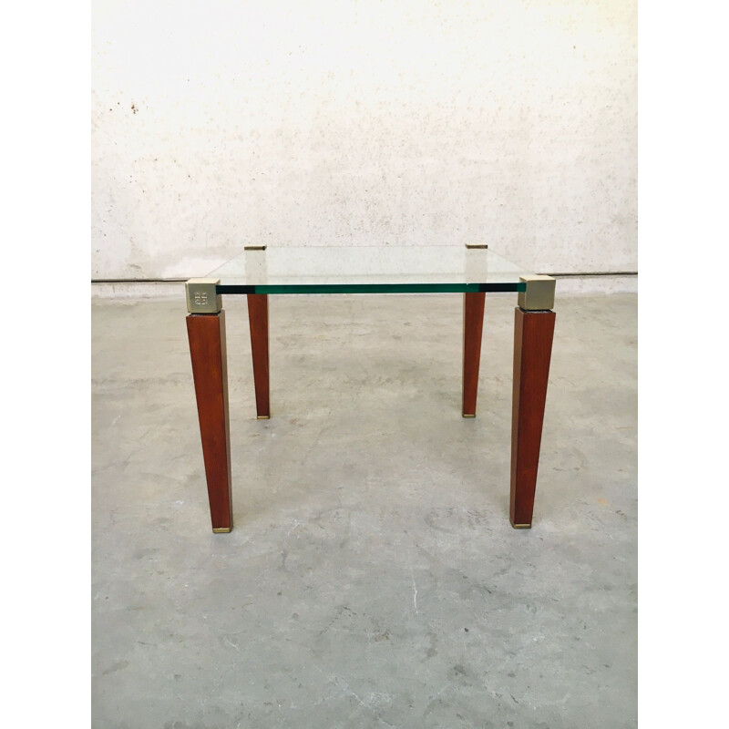 Modernistischer Vintage-Beistelltisch aus Messing, Holz und Glas von Peter Ghyczy, Niederlande 1980