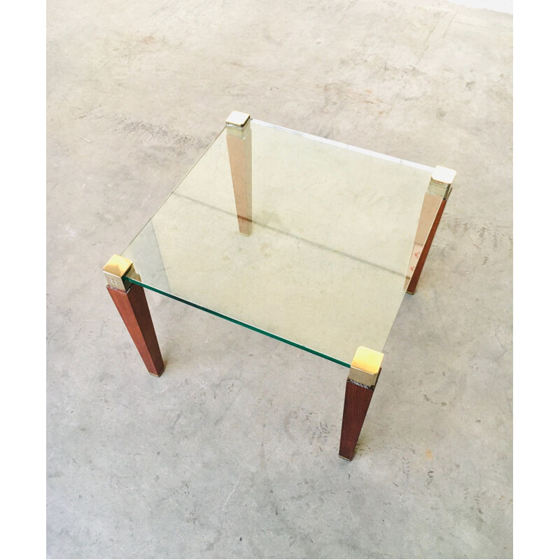 Table d'appoint moderniste vintage en laiton, bois et verre de Peter Ghyczy, Pays-Bas 1980