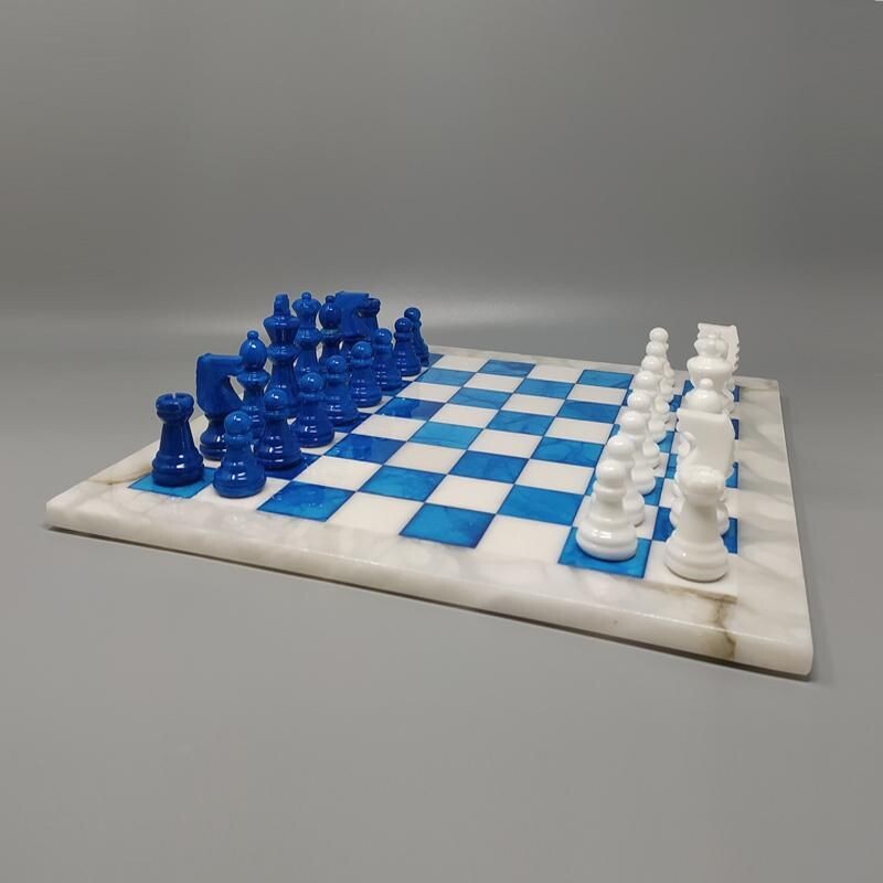 Jeu d'échecs vintage bleu et blanc en albâtre de Volterra fait à la main, Italie 1970