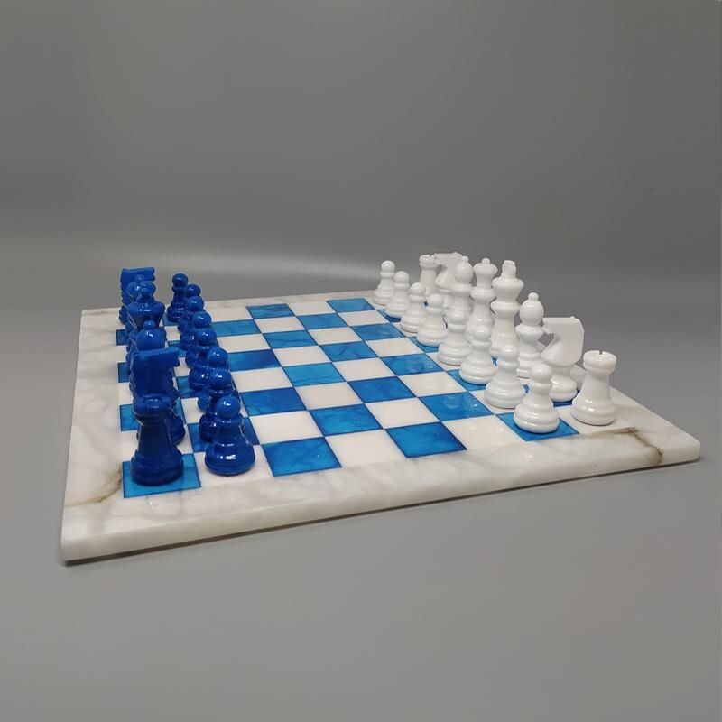 Blue and white vintage chess set in Volterra alabaster handmade, Italy 1970s