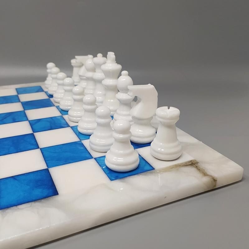 Blue and white vintage chess set in Volterra alabaster handmade, Italy 1970s