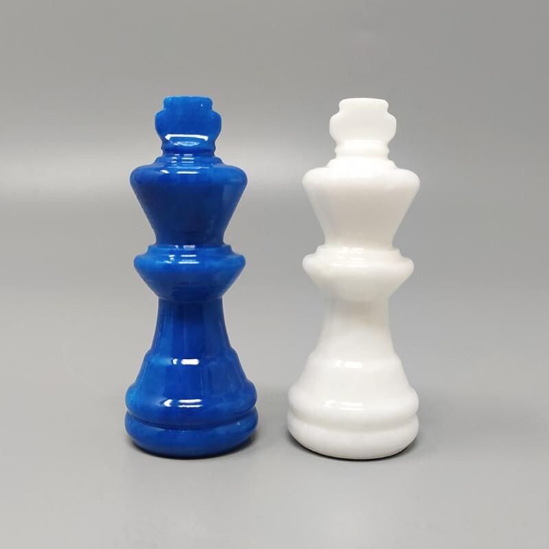 Blue and white vintage chess set in Volterra alabaster handmade, Italy 1970s