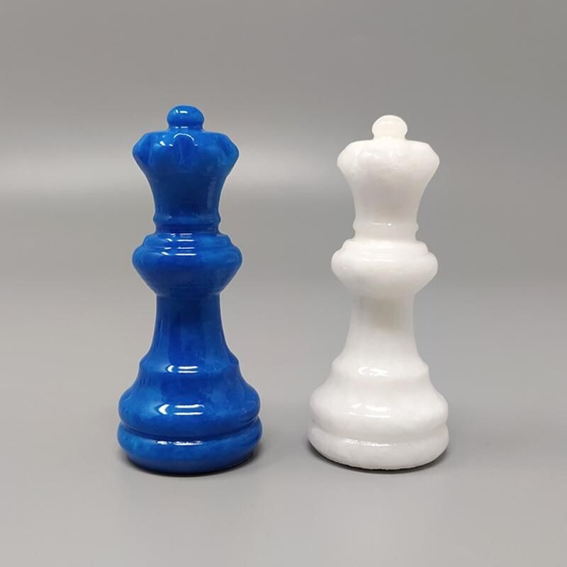 Blue and white vintage chess set in Volterra alabaster handmade, Italy 1970s