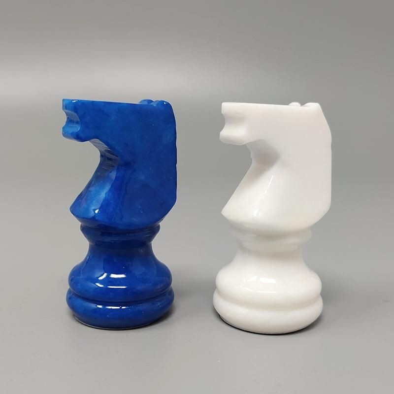 Blue and white vintage chess set in Volterra alabaster handmade, Italy 1970s