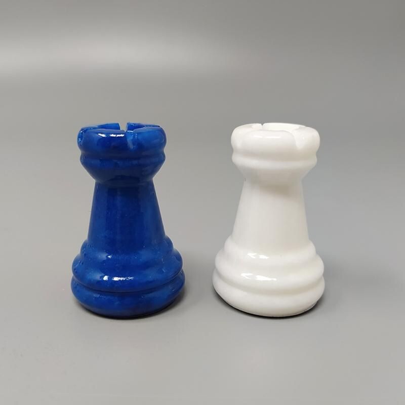 Blue and white vintage chess set in Volterra alabaster handmade, Italy 1970s