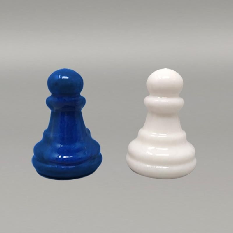 Blue and white vintage chess set in Volterra alabaster handmade, Italy 1970s
