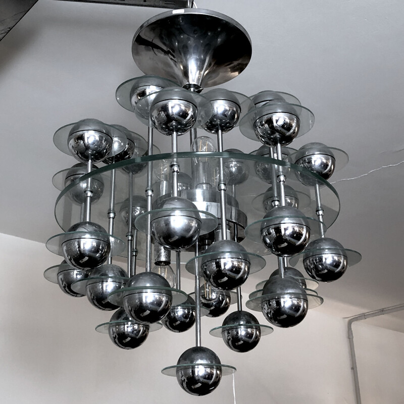 Vintage Italian glass and chrome chandelier by Reggiani, 1970s