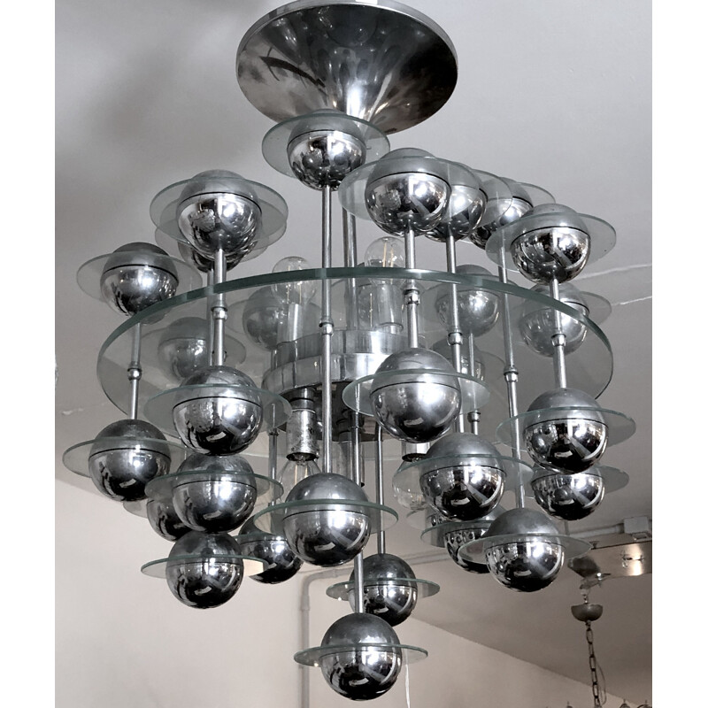 Vintage Italian glass and chrome chandelier by Reggiani, 1970s