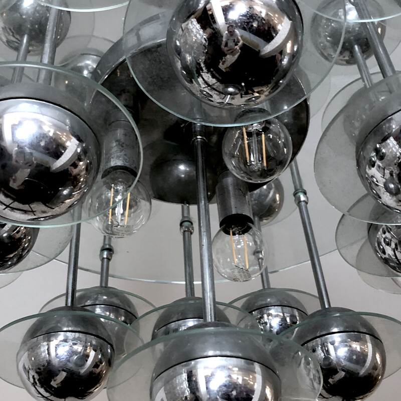 Vintage Italian glass and chrome chandelier by Reggiani, 1970s