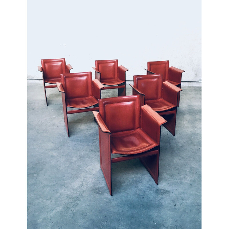 Set of 6 vintage Korium leather dining chairs with armests by Tito Agnoli for Matteo Grassi, Italy 1970s