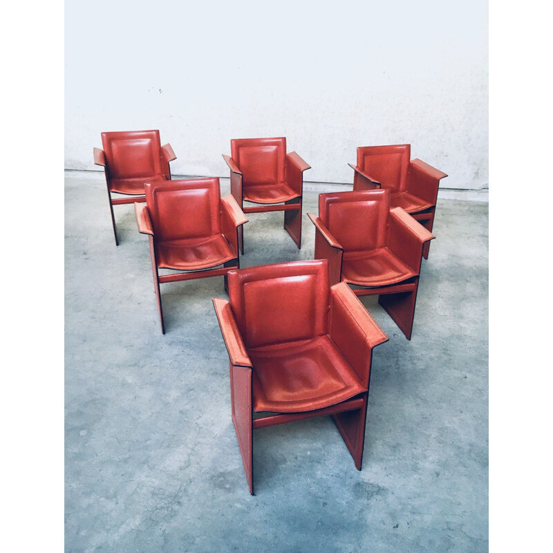 Set of 6 vintage Korium leather dining chairs with armests by Tito Agnoli for Matteo Grassi, Italy 1970s