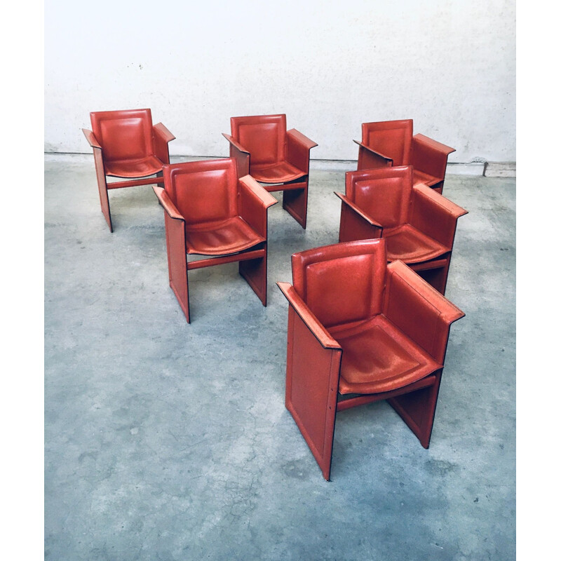 Set of 6 vintage Korium leather dining chairs with armests by Tito Agnoli for Matteo Grassi, Italy 1970s