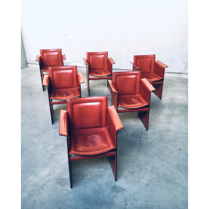 Set of 6 vintage Korium leather dining chairs with armests by Tito Agnoli for Matteo Grassi, Italy 1970s