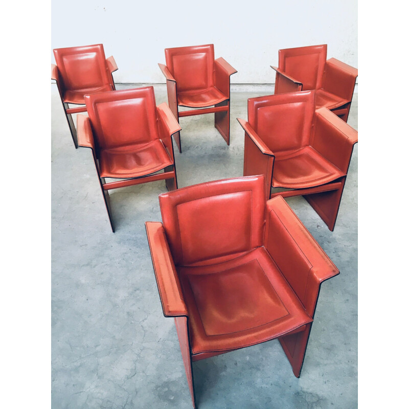 Set of 6 vintage Korium leather dining chairs with armests by Tito Agnoli for Matteo Grassi, Italy 1970s