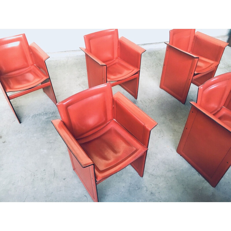 Set of 6 vintage Korium leather dining chairs with armests by Tito Agnoli for Matteo Grassi, Italy 1970s
